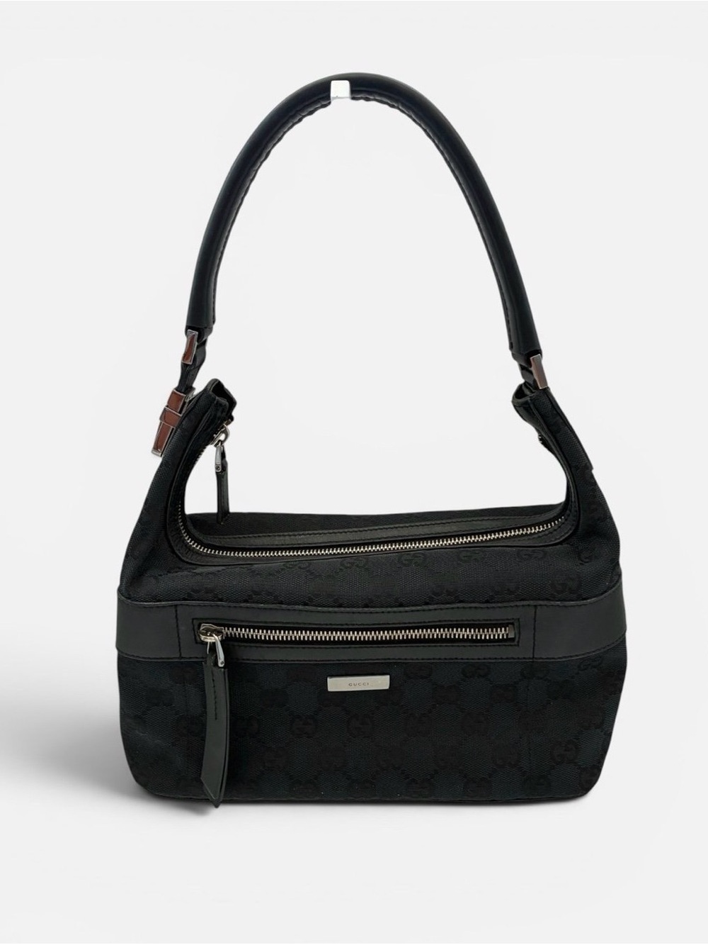 Gucci Black Logo Shoulder Bag with Silver Hardware Baguette Pochette